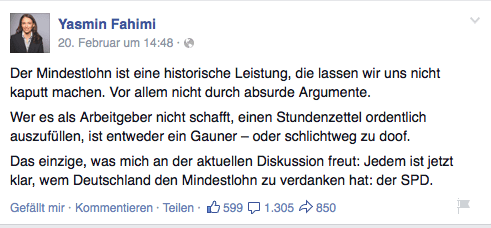 Yasmin Fahimi Facebook Mindestlohn